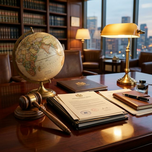 Legal documents, gavel, and globe representing international trade law expertise